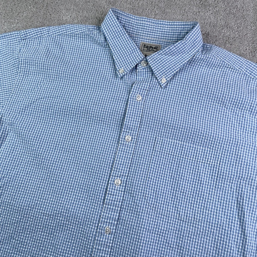 LL Bean Shirt Mens XL Tall Blue Gingham Seersucker Short Sleeve Button Down Prep